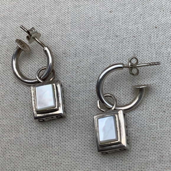 Vintage Sterling Silver Hoop Earrings with Mother Of Pearl Inlay - Picture 1 of 2